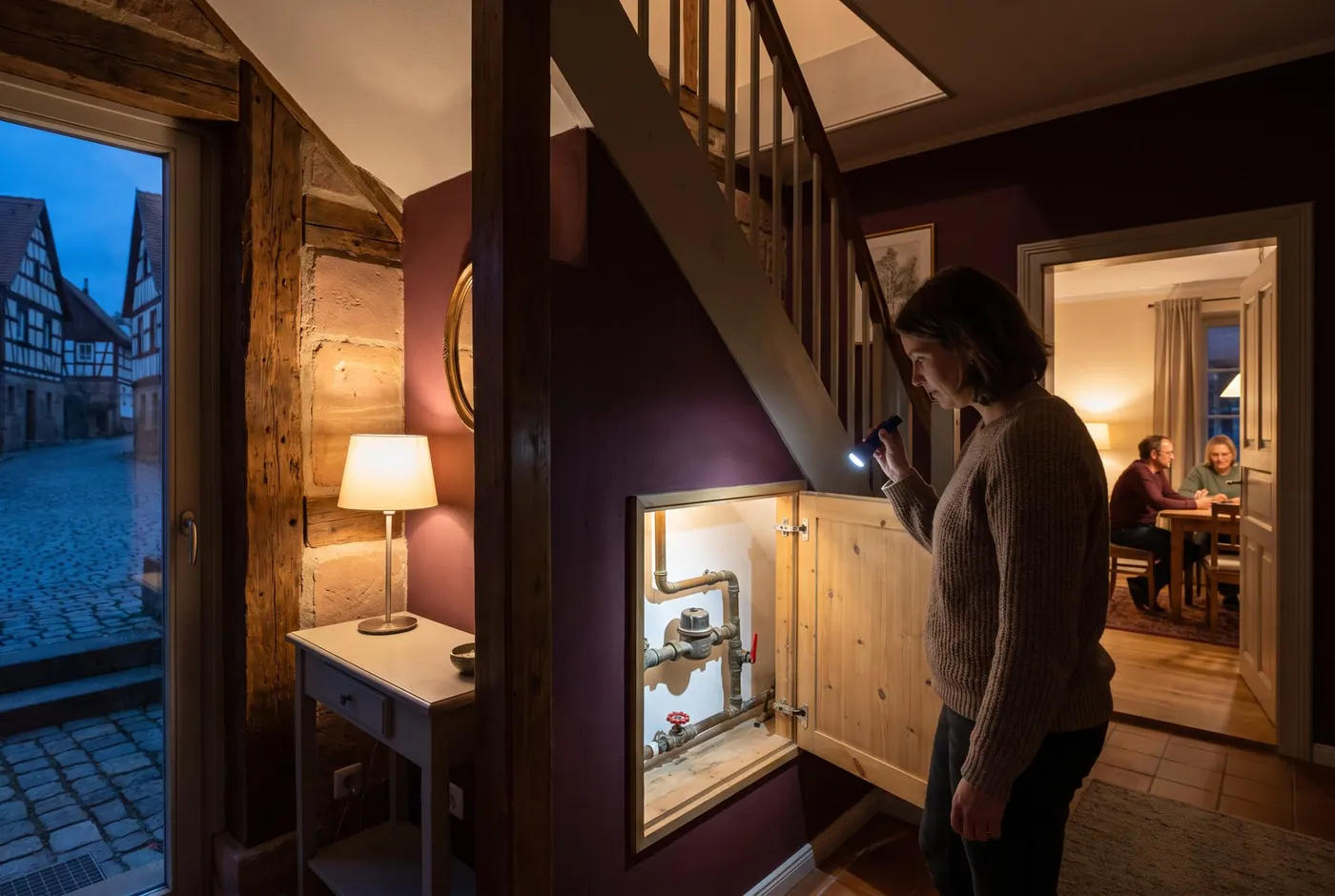 Bewohnerin öffnet den Schrank mit dem Hauptabsperrventil