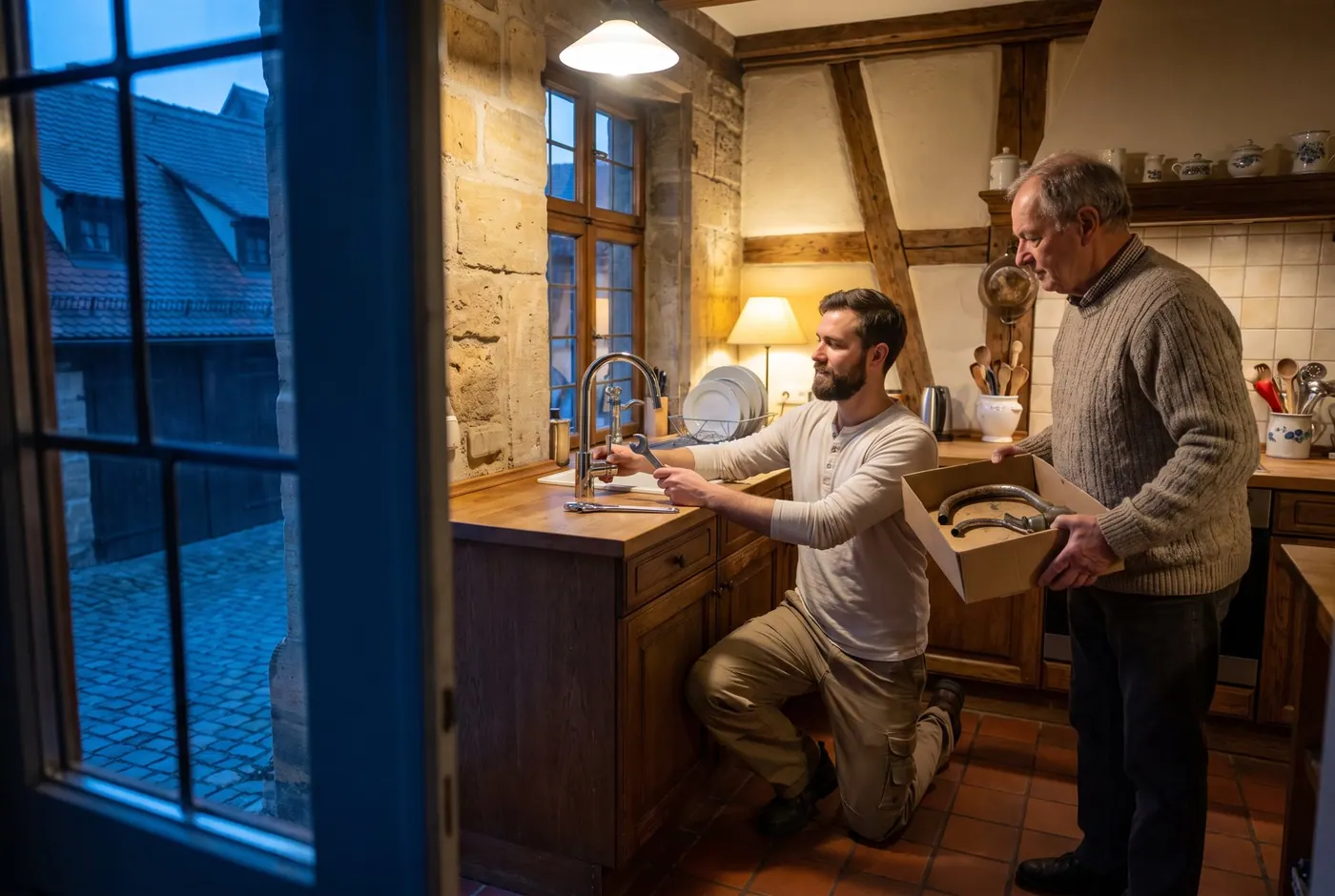 Neue Küchenarmatur wird in einer Altbauwohnung montiert