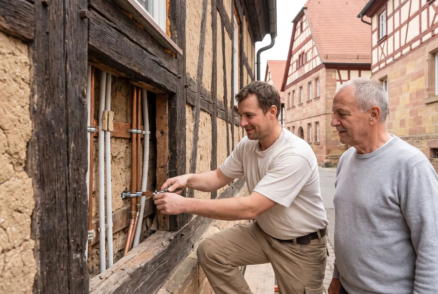 Neue Leitungen werden neben Fachwerkbalken verlegt