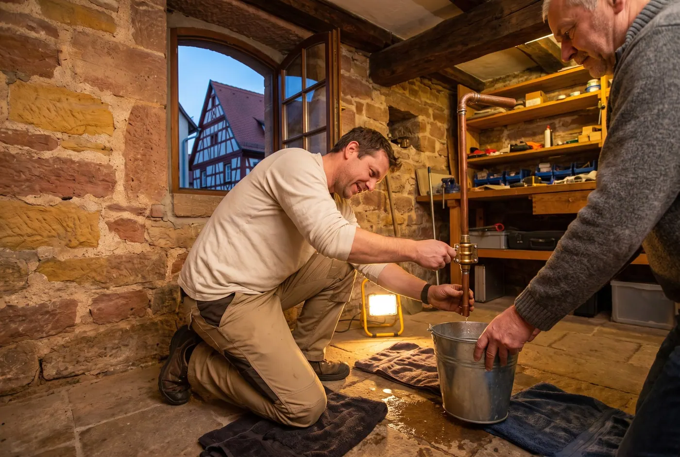 Leck an einer Kupferleitung im Keller wird abgedichtet