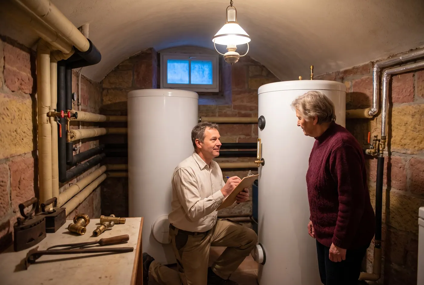 Warmwasserspeicher im Heizungskeller wird überprüft