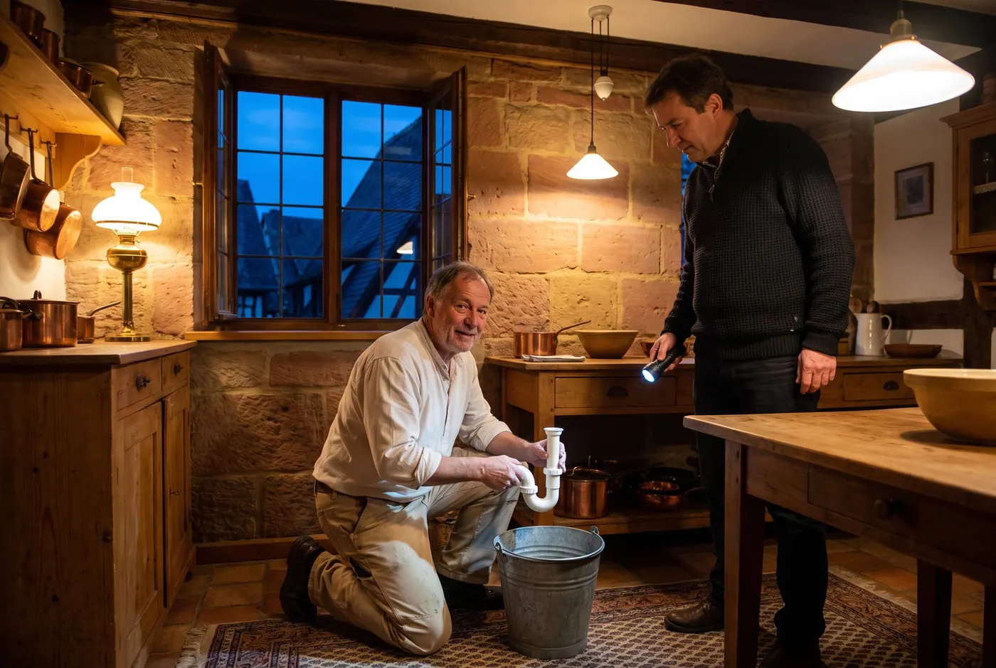 Fachkraft öffnet den Siphon unter der Spüle in einem Sandsteinhaus