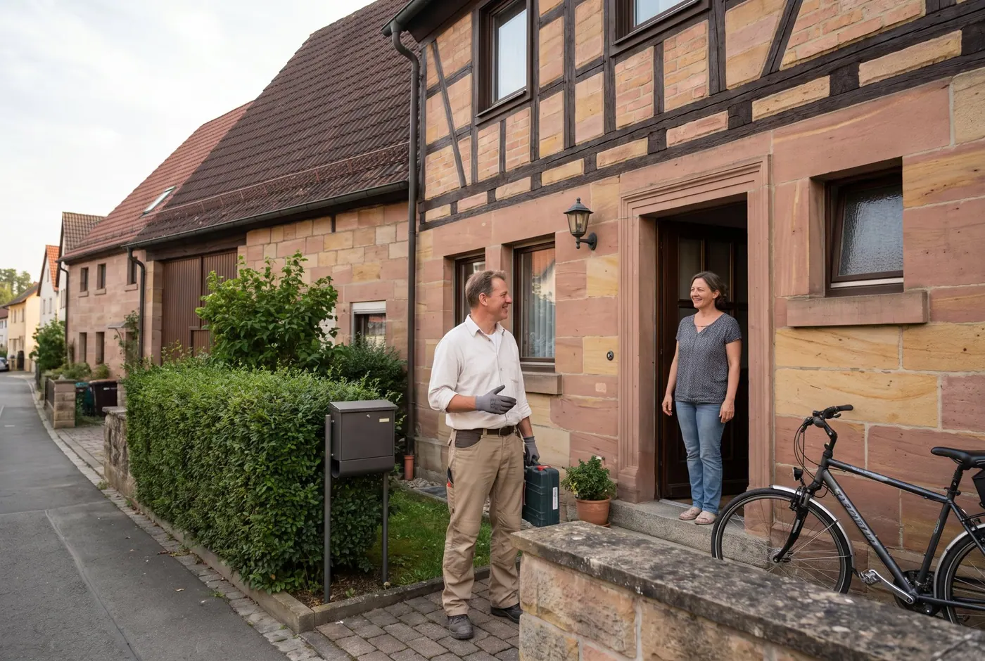 Fachkraft im Gespräch mit der Besitzerin vor einem Reihenhaus