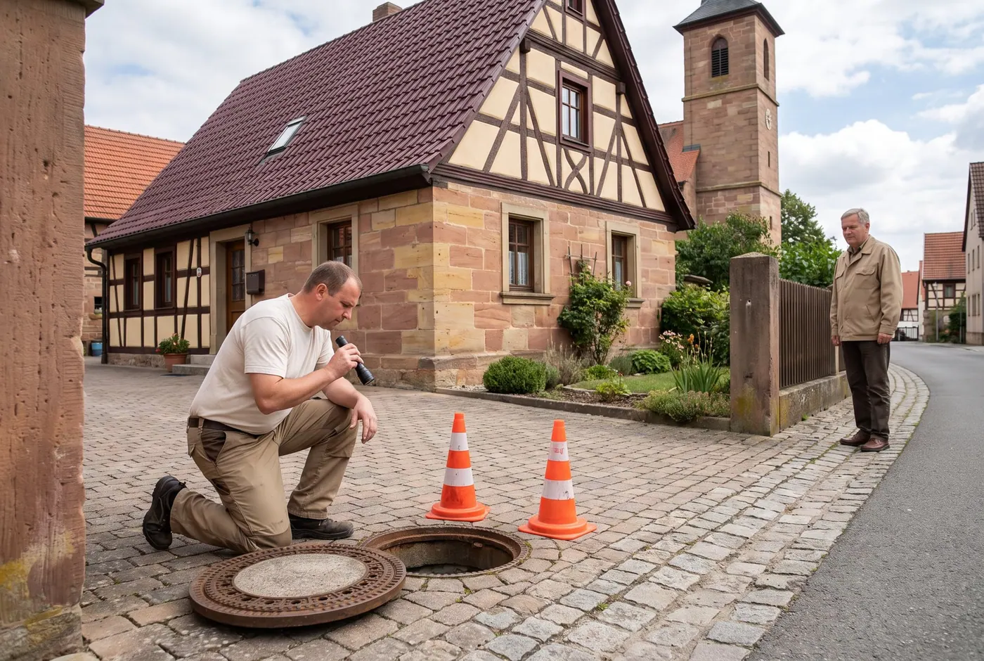 Fachkraft prüft den Kontrollschacht vor einem Einfamilienhaus im Dorf