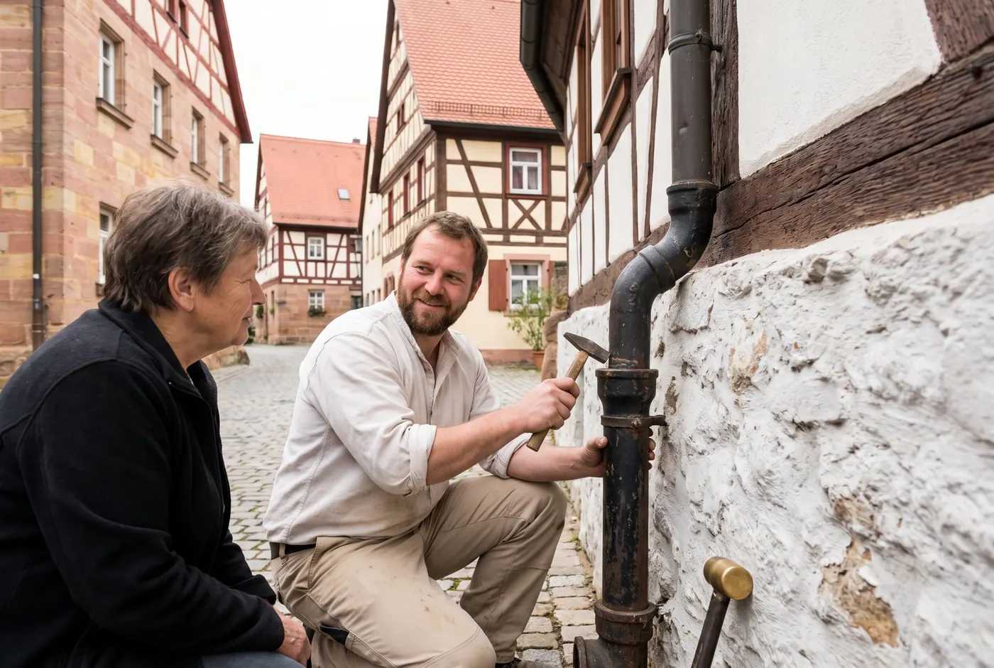 Altes Gussrohr wird im Keller geprüft