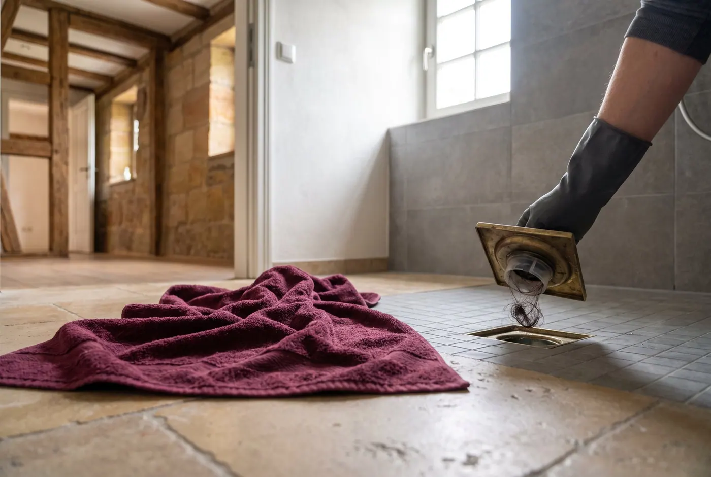 Haare werden aus dem Einsatz eines Duschablaufs entfernt