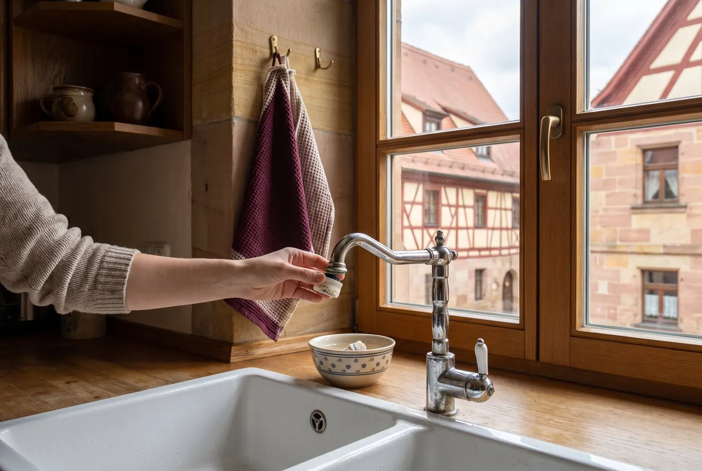 Verkalkter Strahlregler wird in Essigwasser gelegt